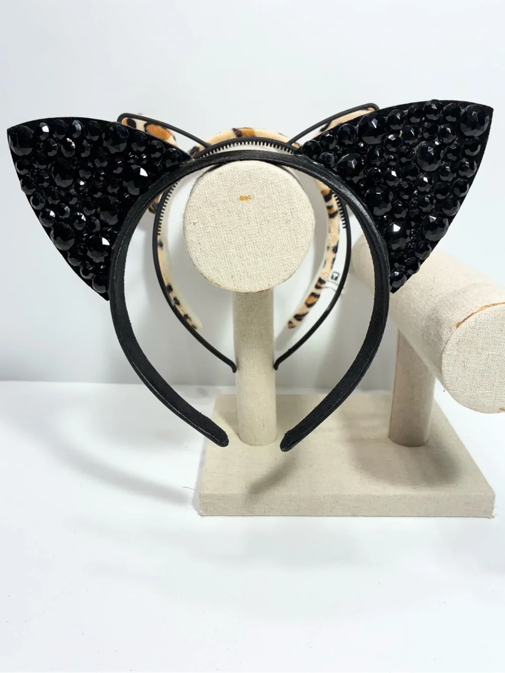3 Pc Cat Ear Headband Lot: Black Rhinestone, Leopard Print Fleece, Black Plastic